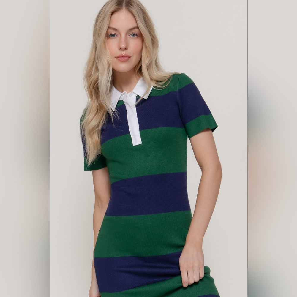 ​Active USA Striped Knit Polo Midi Dress - Navy & Green Preppy Collared Sheath - Picture 15 of 15